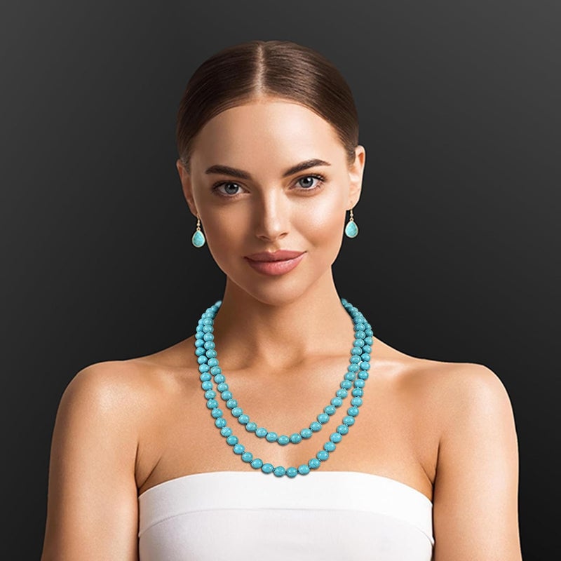 QS Long Turquoise Necklace Round Stone Beads Chunky Fashion Jewelry for Women cross Necklace Multi Meditation necklace 47.5inch - Image 3